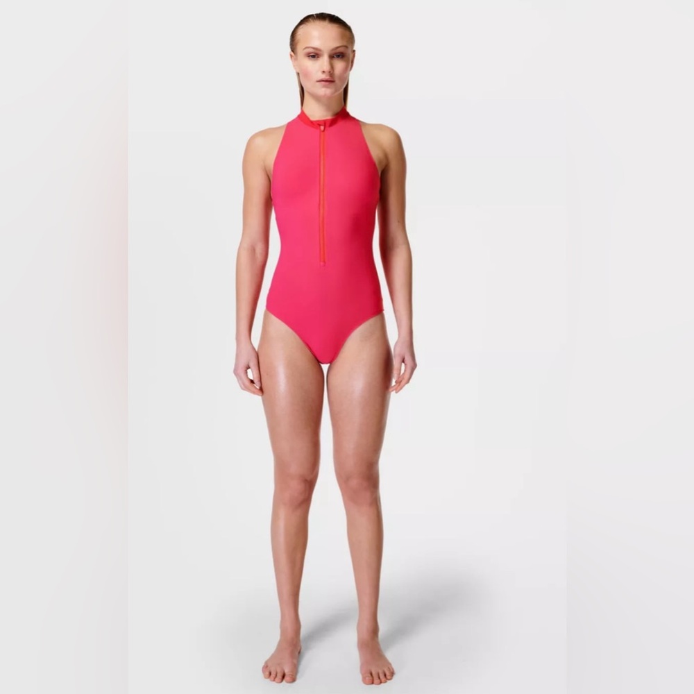 NWOT Sweaty Betty VISTA HIGH NECK ZIP-UP ONE PIECE SWIMSUIT HOT PINK